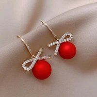 korean crystal ribbon red ball earring for women fashion bow tie drop earrings lady elegant trendy party jewelry gift