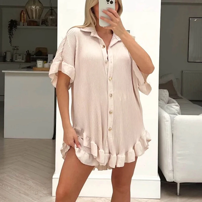 

Casual Women Pleated Ruffle Two Piece Sets New Summer Ladies Lapel Button Shirt with Shorts Loose Suits Fashion Homewear Outfits