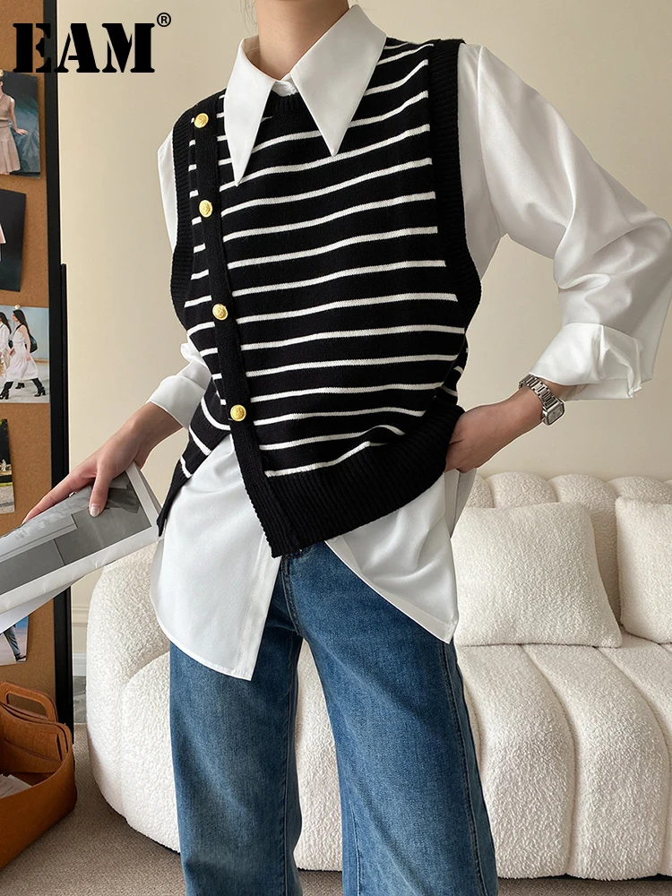 

[EAM] Women White Striped Knitting Big Size Blouse New Lapel Long Sleeve Loose Fit Shirt Fashion Tide Spring Autumn 2023 1DF6123