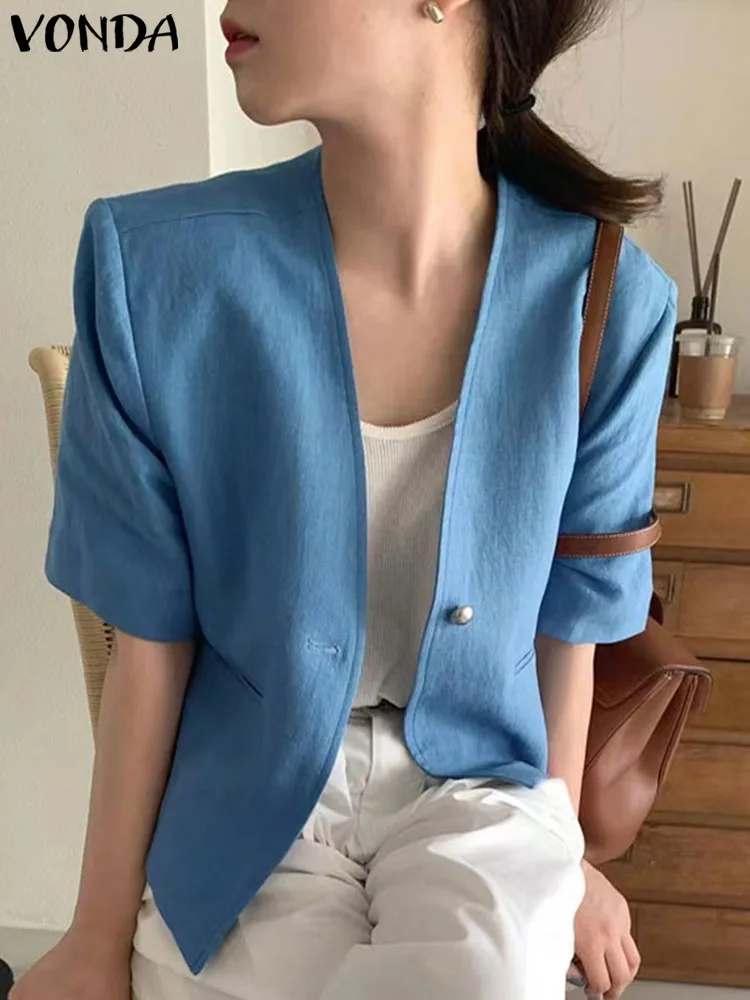 2023 VONDA Button Summer Tops Fashion Blazer Women Short Sleeve Solid V-Neck  Cotton Blusas Tunic Streetwear Oversized