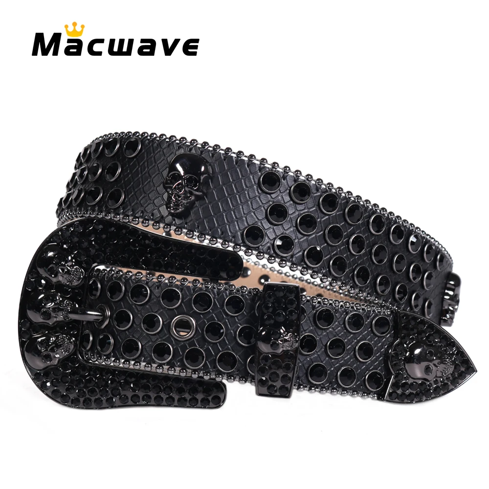 Western All Black Rhinestone Skull Belt For Woman Man High Quality Leather Strap Male Cinturones Para Mujer Jeans Decorative