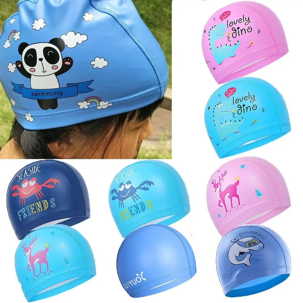 

Hot Cartoon Printed Free size Ears Pleated Elastic Nylon Turban Pool Bathing Hats Long Hair Protect Kids Swimming Cap