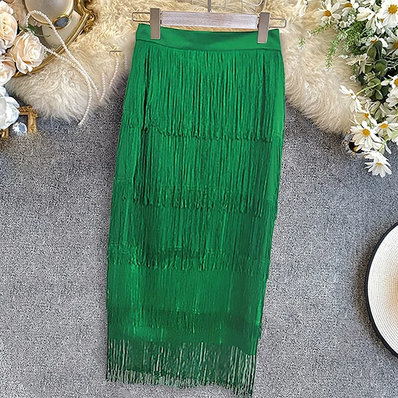 

Green Patchwork Tassel Women Skirt High Waisted Bodycon Midi Robes Plus Size Elastic Skirts South Africa Ladies Slim Jupe