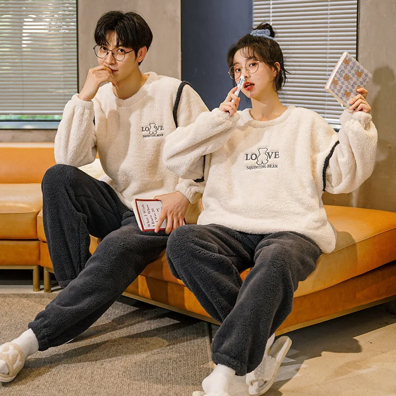 Couple Pajamas Autumn and Winter Thickened Thermal Coral Fleece Women's Cartoon Flannel Men's Home Wear Suit
