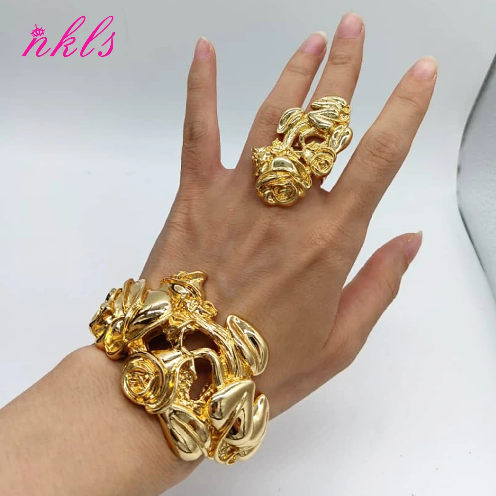 Luxury Flower Design Bracelet Ring Gold Color Middle East Copper Bangle Dubai Saudi Trendy Jewelry For Bridal Arabic Party Gift
