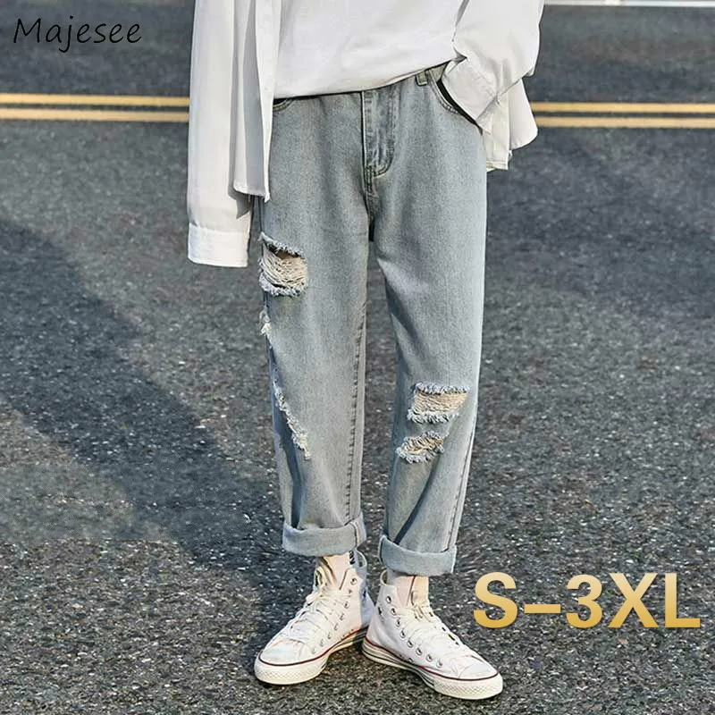 Men Jeans Summer Straight Wide-leg Thin Hole Ripped Oversize 3XL Loose Leisure Washed Denim Trousers All-match Fashion Korean