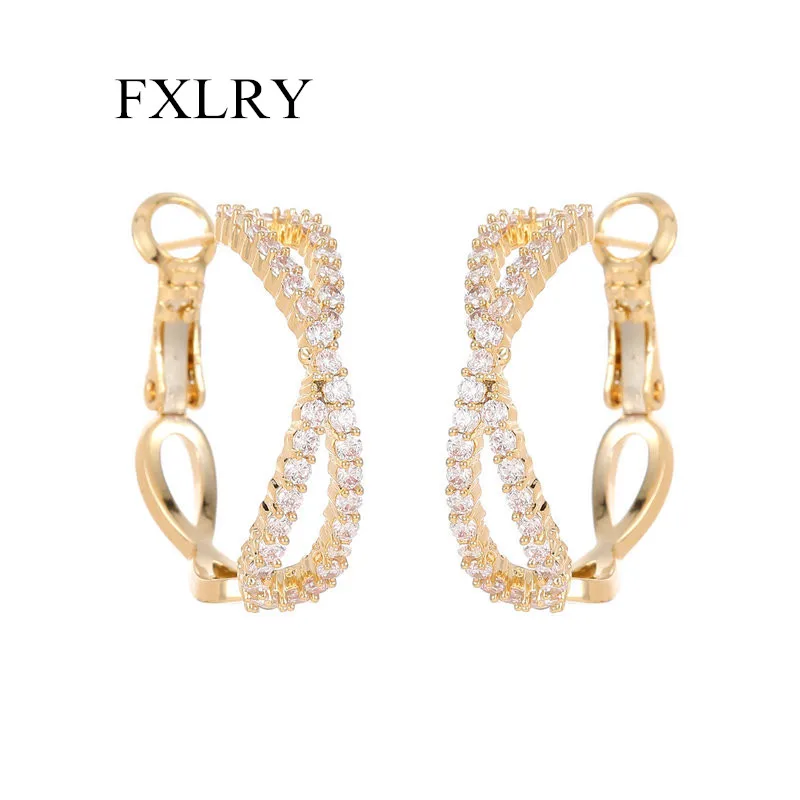 

FXLRY s925 Silver Needle Simple Zircon Geometric Line Cross Loop Earrings For Women Party Jewelry