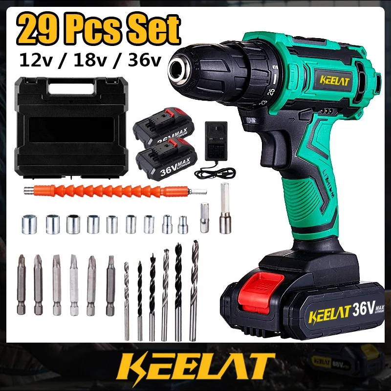 

New KEELAT 29/31 PCS Set Cordless Impact Drill Battery Drill Screw Driver Set 3 Mode 12v/18v/36v 2 Speed Hammer Power Drill