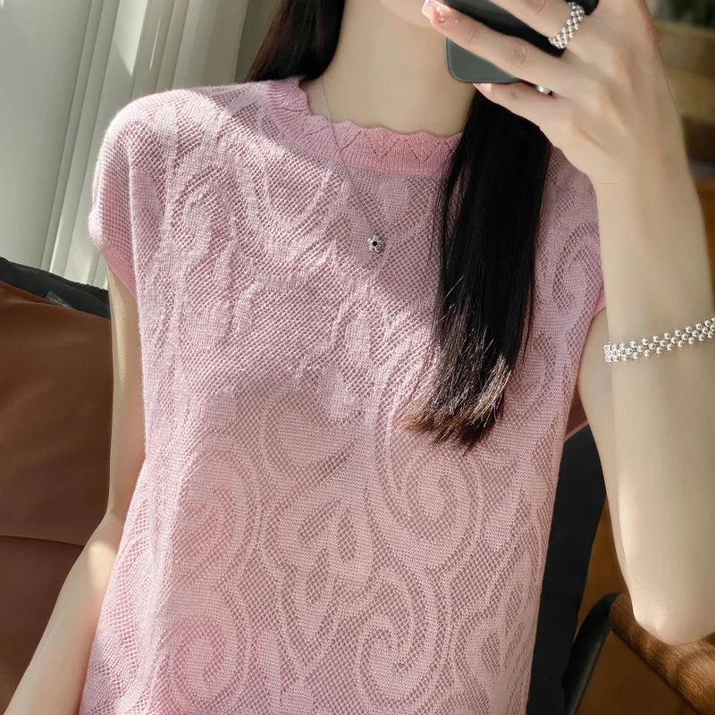 

Women's T-shirt Spring/Summer New Wool Sweater Short Sleeve Casual Solid Color Hollow Knit Round Neck Ladies Tops Fashion Blouse