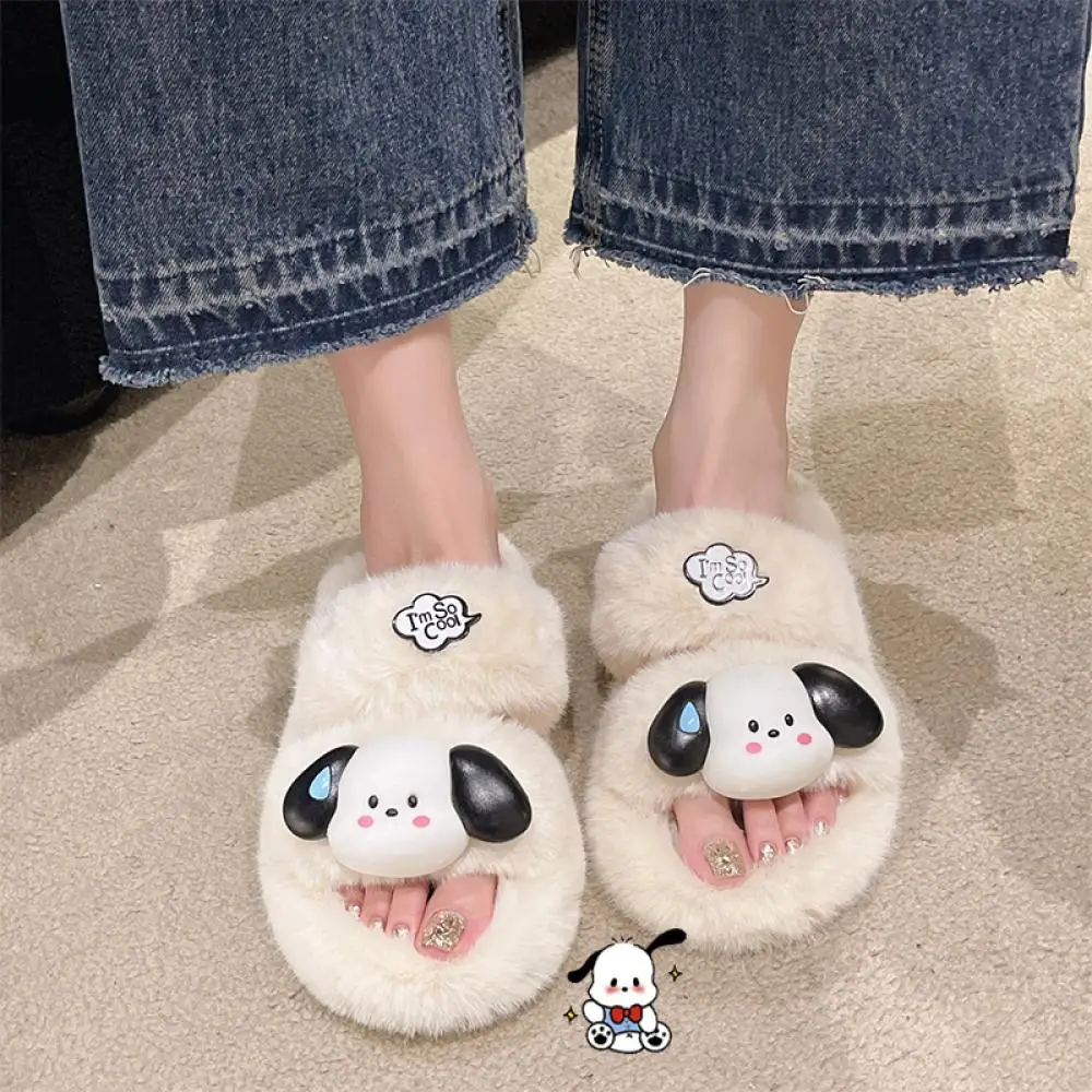 

Kawaii Sanrios Pachacco Plush Slippers Cute Giris New Autumn Winter Comfortable Soft Sole Cartoon Antiskid Exposed Toe Home Shoe