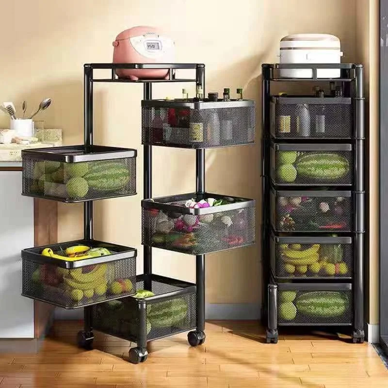 

4/5 Tier Rotating Storage Baskets Rack Stackable Metal Basket Kitchen Storage Shelf Cube Fruit Vegetable Organizer With Wheels