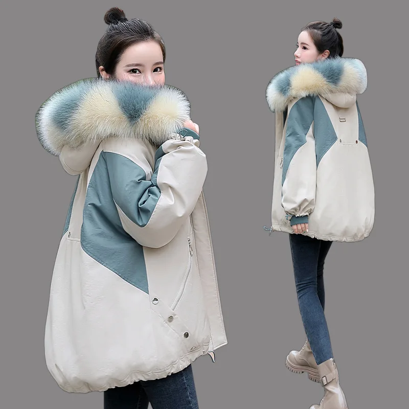 2022 Winter New Women Parka Down Jacket Fashion Design Sense Stitching Casual Loose Plus Velvet Warm Fur Collar Plus Size Coat