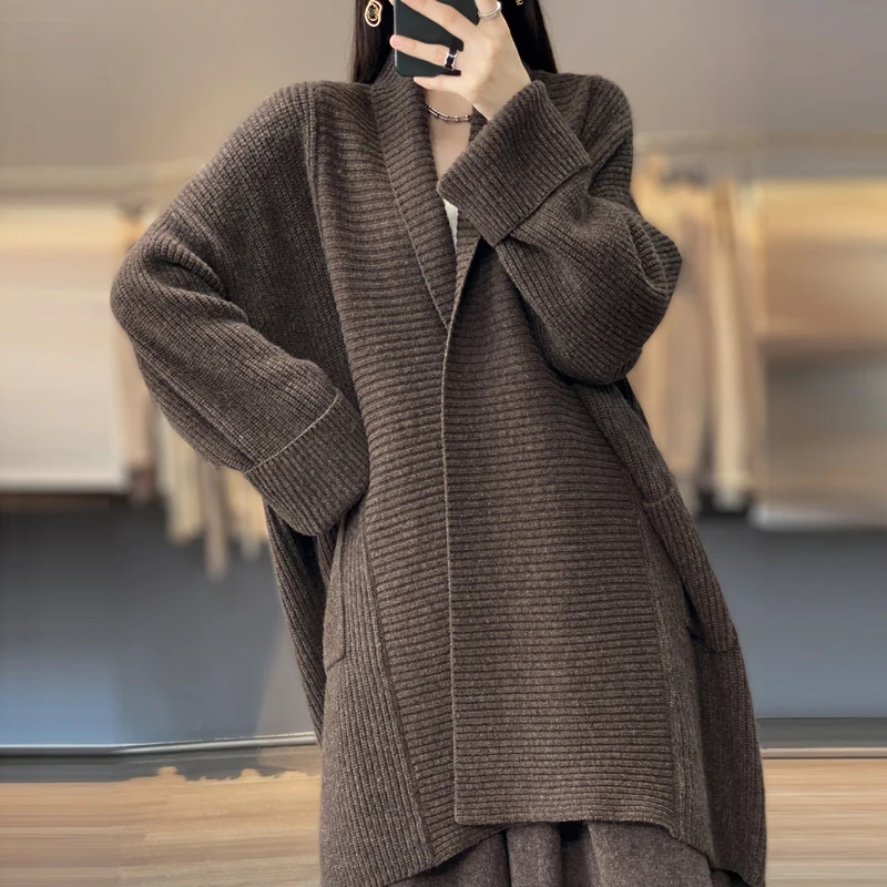 Женское пальто из 100% чистого кашемира осень/зима средней длины свободного покроя