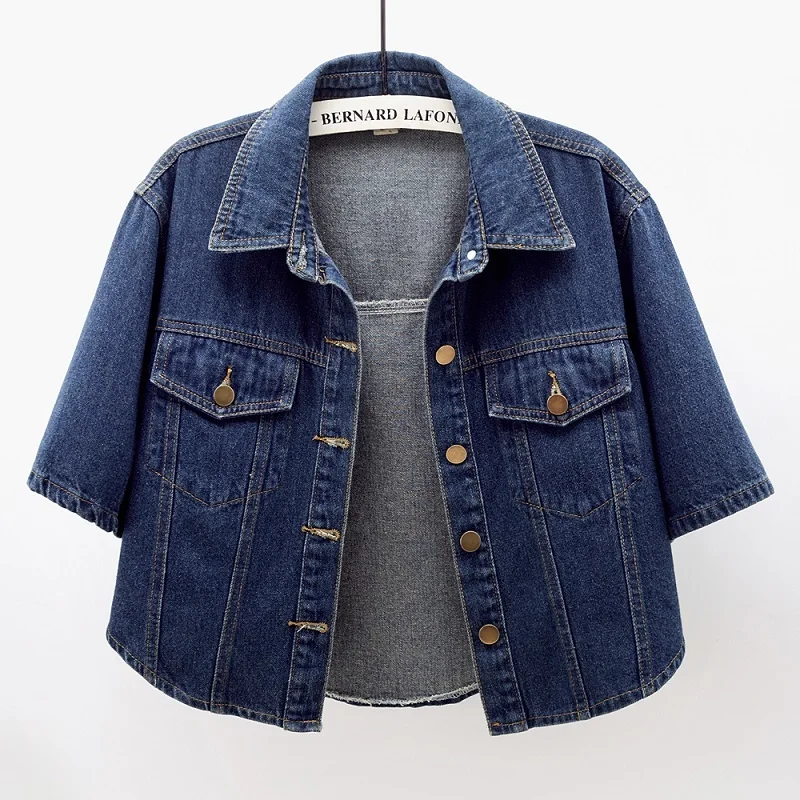 

Spring Summer Vintage Dark Blue Slim Short Denim Jacket Women Big Pocket Half Sleeve Cowboy Outerwear Casual Jeans Jacket Female