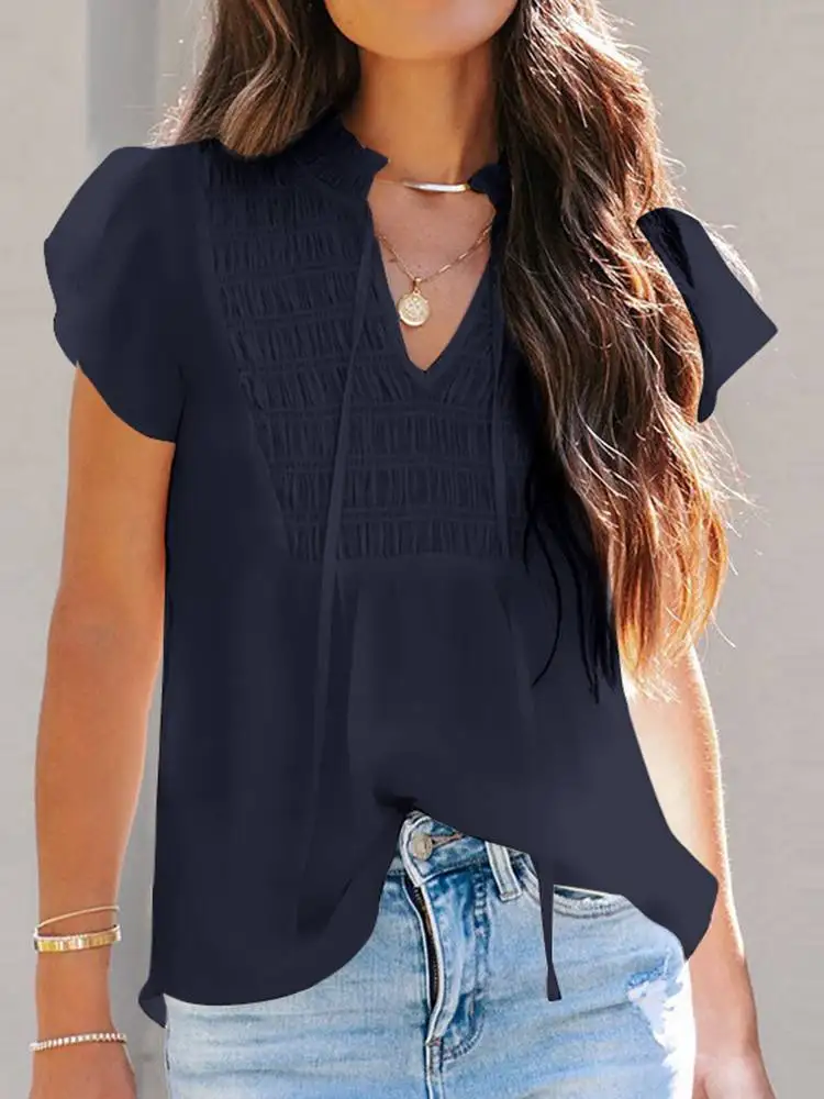 

ZANZEA Fashion Lace Up Blouses Casual Ruffles Sleeve Women V-neck Smocked Front Tunic Tops 2023 Summer Leisure Solid Shirt Femme