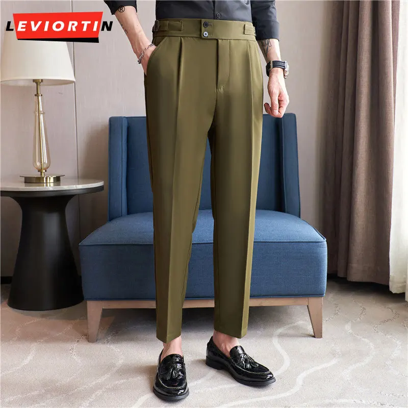 

Простые повседневные брюки с высокой талией в британском стиле, облегающие модные Универсальные Длинные брюки, мужские рабочие брюки в деловом стиле, мужские строгие брюки