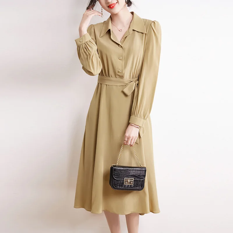 Dress 2023 spring style long-sleeved temperament women's waist collection show thin tall person long A-line skirt