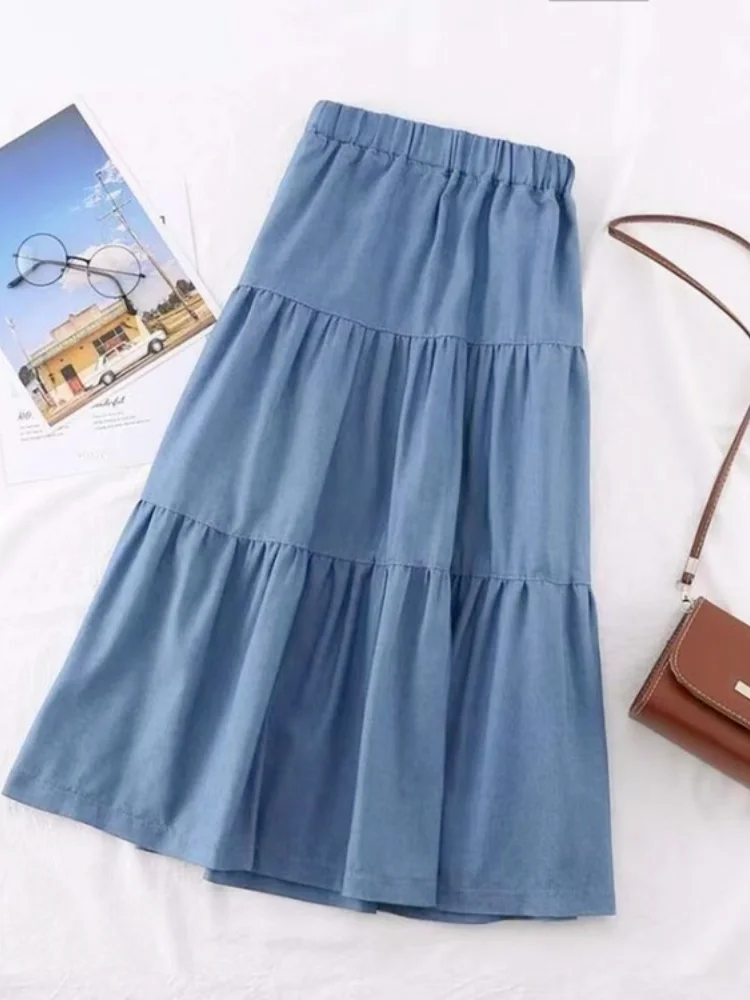 Summer Saia Female A-Line Long Denim Skirt Pockets Women High Waist Midi Jeans Skirts Dark Blue,Light Blue Skirt