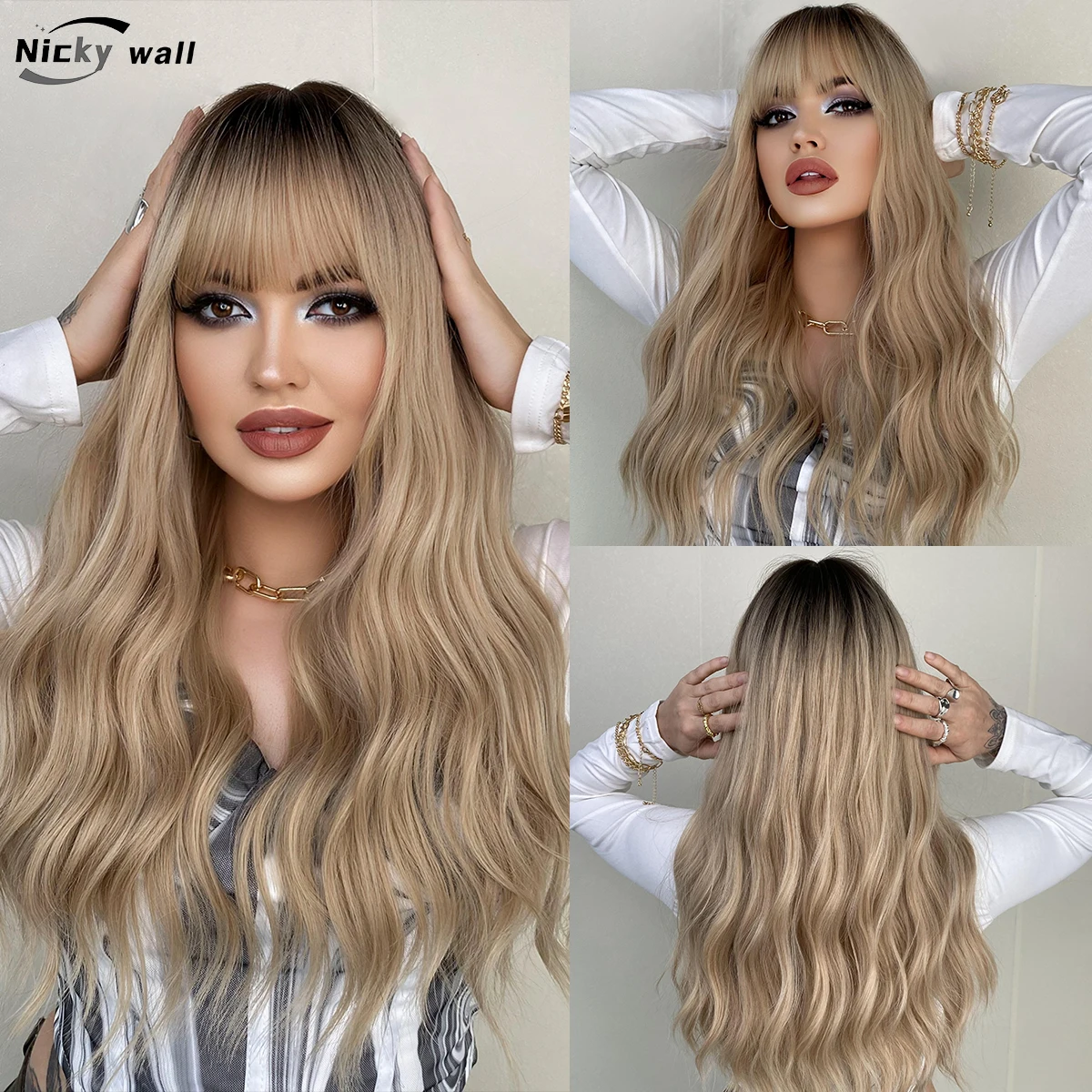 Blonde Long Wavy Wigs with Bangs Women Curly Wig Top Mixed Black Daily Use Synthetic Heat Resistant Female Fake Hair