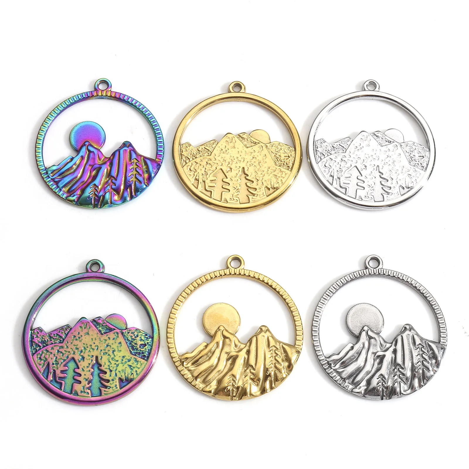 

3PCs Stainless Steel Round Mountain Hollow Charms Pendants Multicolor For Jewelry Making Diy Necklace Men Women Jewelry Findings