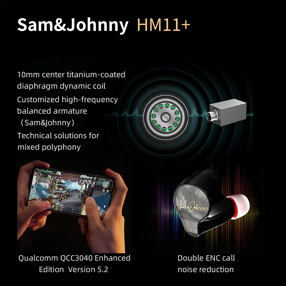 Фото Беспроводные внутриканальные наушники Sam&Johnny HM11+ TWS 1DD+1BA Hybrid Bluetooth 5.2 Qualcomm QCC3040 HIFI Audiophile IEM True Wireless №3