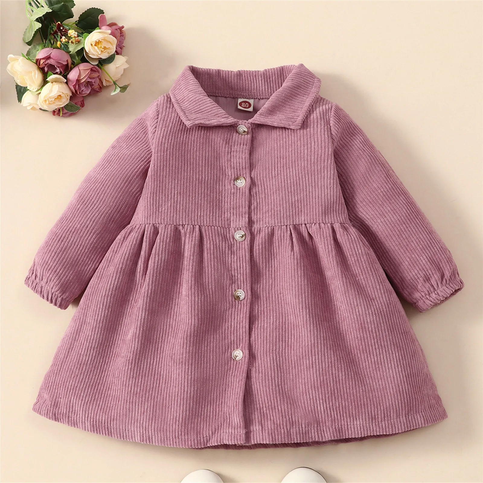 

Зимнее вельветовое платье для маленьких девочек пуговицы с длинным рукавом для новорожденных девочек платье кардигана лоскутное однотонн...