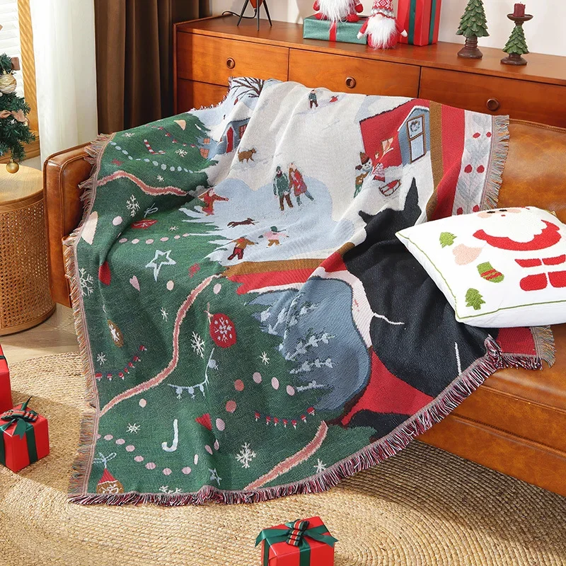 Рождественский домашний декор черный кот с домиком одеяло бахромой