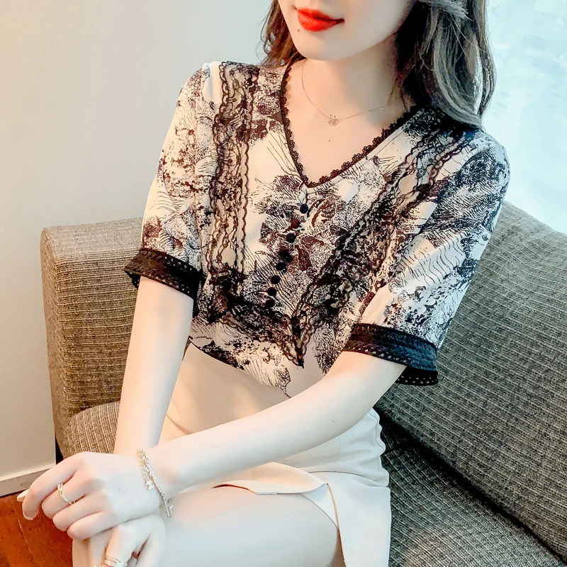 

Шифоновая женская блузка приталенная кружевная рубашка Летняя Элегантная новинка 2022 уличный топ модная женская одежда в Корейском стиле с ...