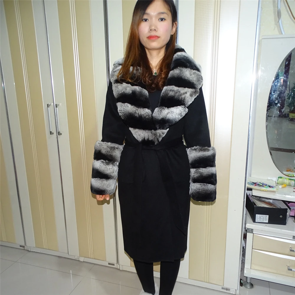 100% Woolen Jacket Long with Rex Rabbit Fur Collar Winter Women Real Fur Coat Thick Overcoat Fashion Streetwear Big Size enlarge