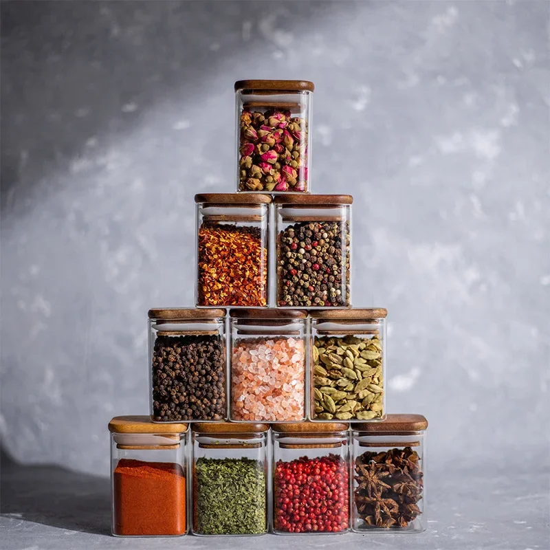 

Acacia Wood Square Sealing Transparent Bottles Glass 4pcs Cover Cans Jar Salt Storage Spice Kitchen Seasoning Restaurant