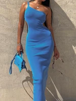 blue skims dress woman one shoulder cut out backless dress autumn solid color slit long elegant womens dresses for party 2022