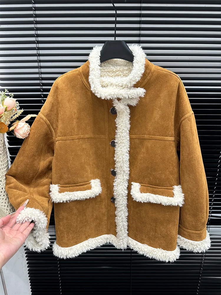Korean Series Warm Fur Collar Suede Thickened Integrated Women 2024 Winter New Lamb Wool Mid-Length Outerwear Tide