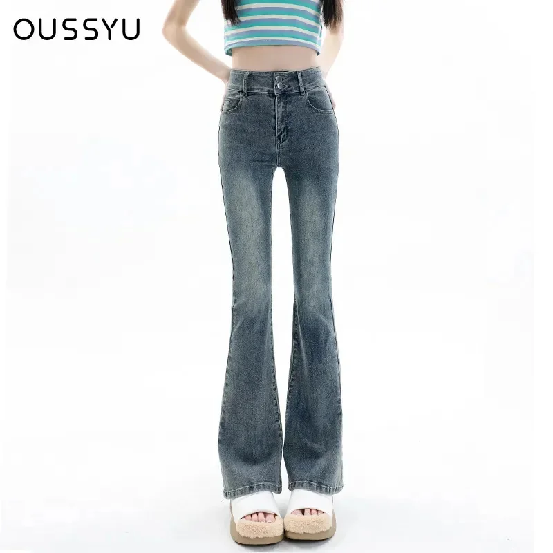 

Women Jeans Cotton Denim Flared Pants Elastic Force Vintage Streetwear High Waist Slim Mom Harajuku Trousers Plus Length