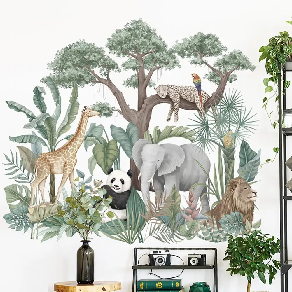 

Nordic Jungle Animals Wall Stickers for Kids Rooms Boys Room Bedroom Decoration Elephant Giraffe Plants Wall Stickers