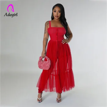 Fit Flare Maxi Party Dresses Mesh Patchwork Spaghetti Straps Long Dress Solid Women Summer Sexy Strapless Buttons Casual Robe 1