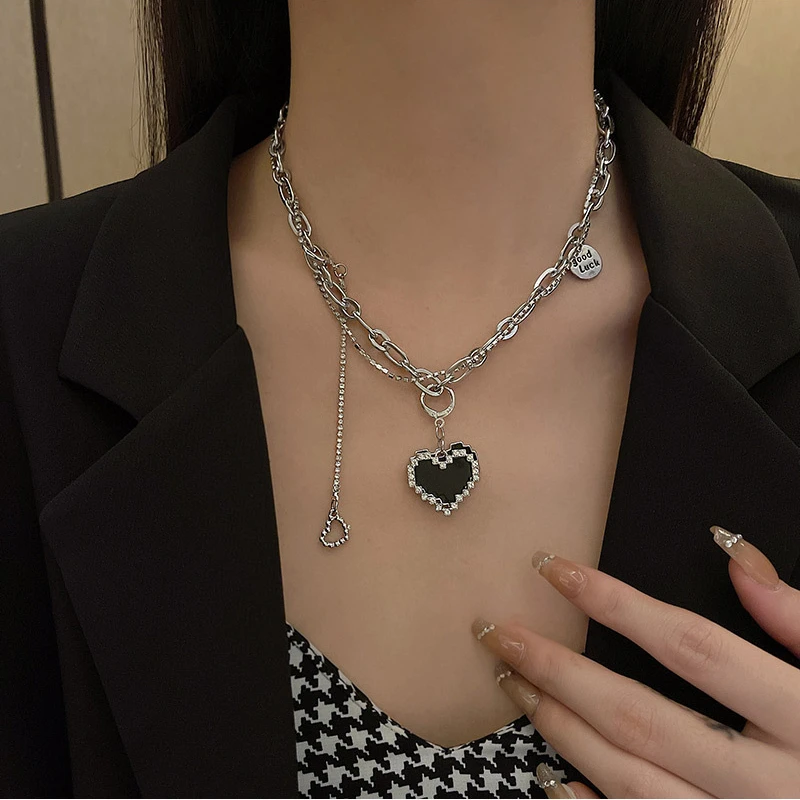 

BFXDG INS Hip Hop Style Mosaic Heart Shaped Stainless Steel Necklace Double Layer Design Women's Necklace Fashion Accessories