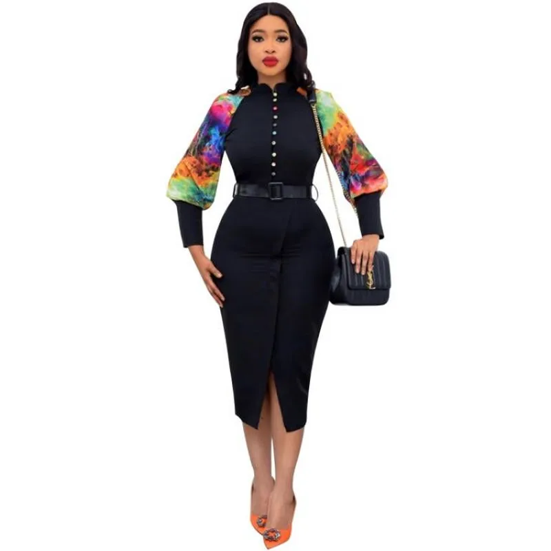 

African Pencil Dress Women Split Traditional Africa Kanga Clothing Fashion New Tie Dye Print Splice Full Sleeve African OL Dress