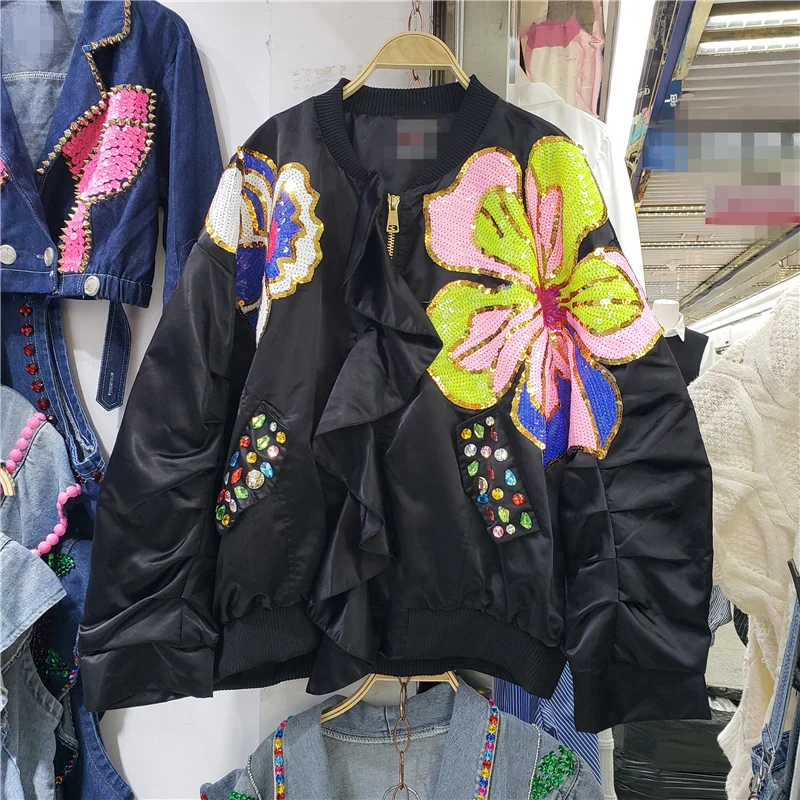 

Streetwear Women Bomber Jacket Fashion Sequins Diamonds Loose Couples Jacket Coat 2022 Autumn Casual Patchwork Jackets Female