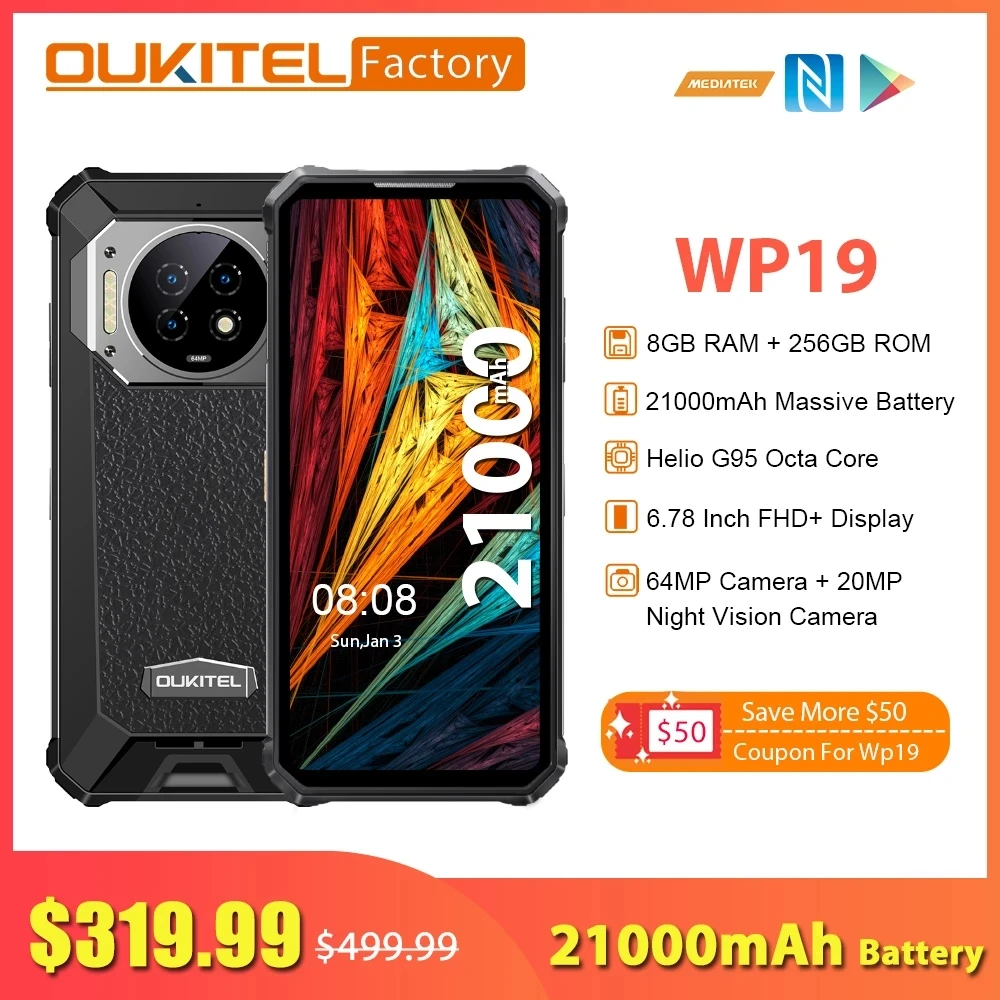 Oukitel WP19 Smartphone 21000 mAh Battery 8GB 256GB Android 12 Mobile Phone 64MP Camera 6.78 Inch FHD+ 90 Hz Rugged Cellphone