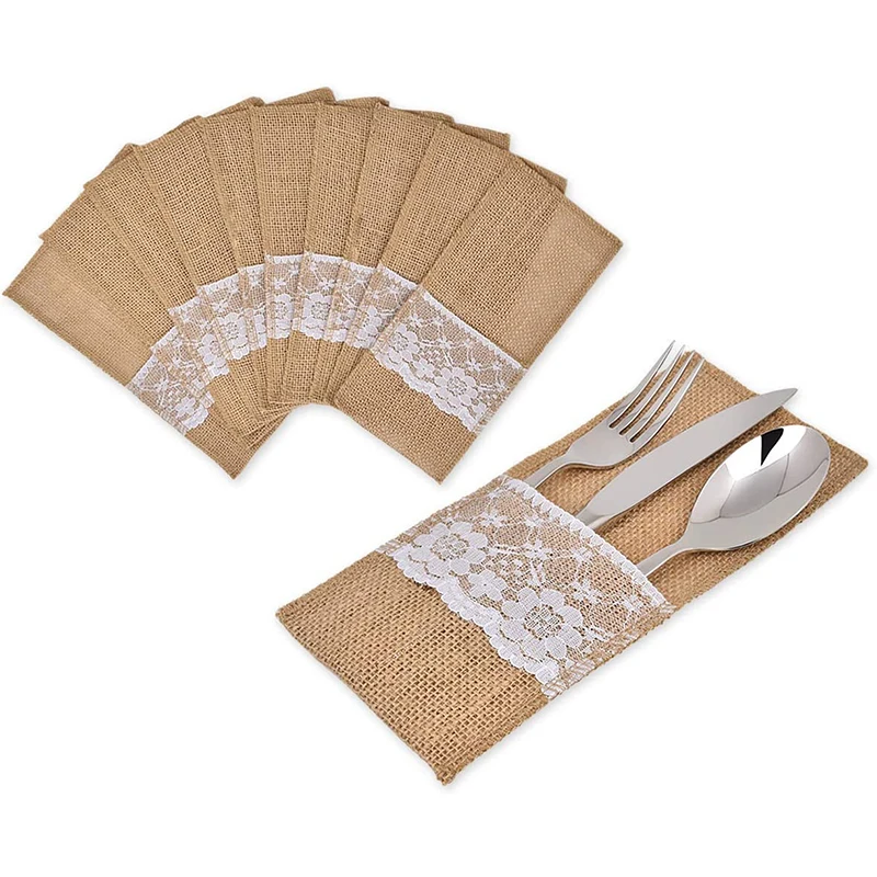 

Natural Burlap Lace Utensil Holders 50 Pack Silverware Holders Spoon Forks Napkin Pouch Wedding Table Decoration Christmas Party