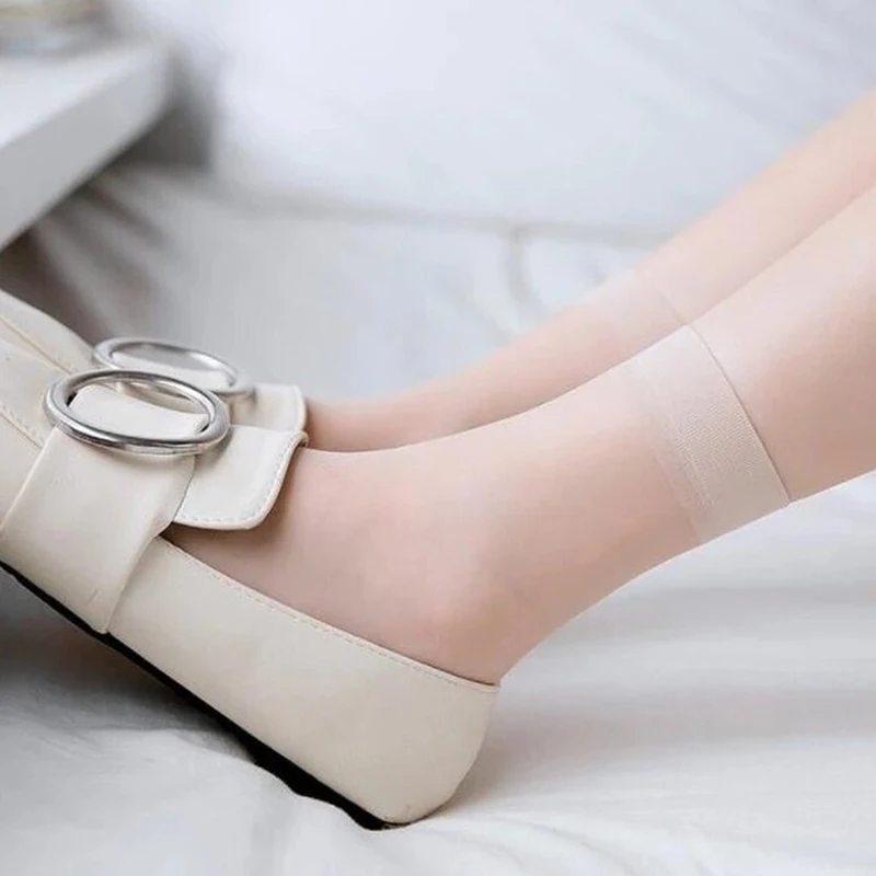 5 Pairs Women Ultrathin Transparent Silk Socks Summer Black Skin Color Nylon Elastic Crystal Short Ankle Sock for Ladies Female