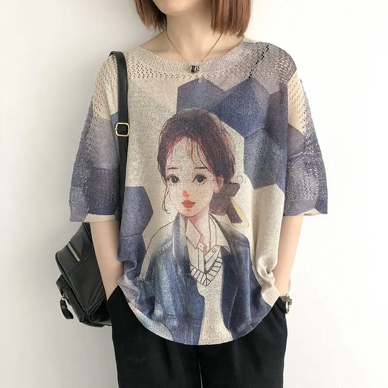 

Summer Large Size Hollow Ice Silk Knitted Sweater Women's Thin Loose Korean All-Match Print Short Sleeve Cotton Linen Top h1667
