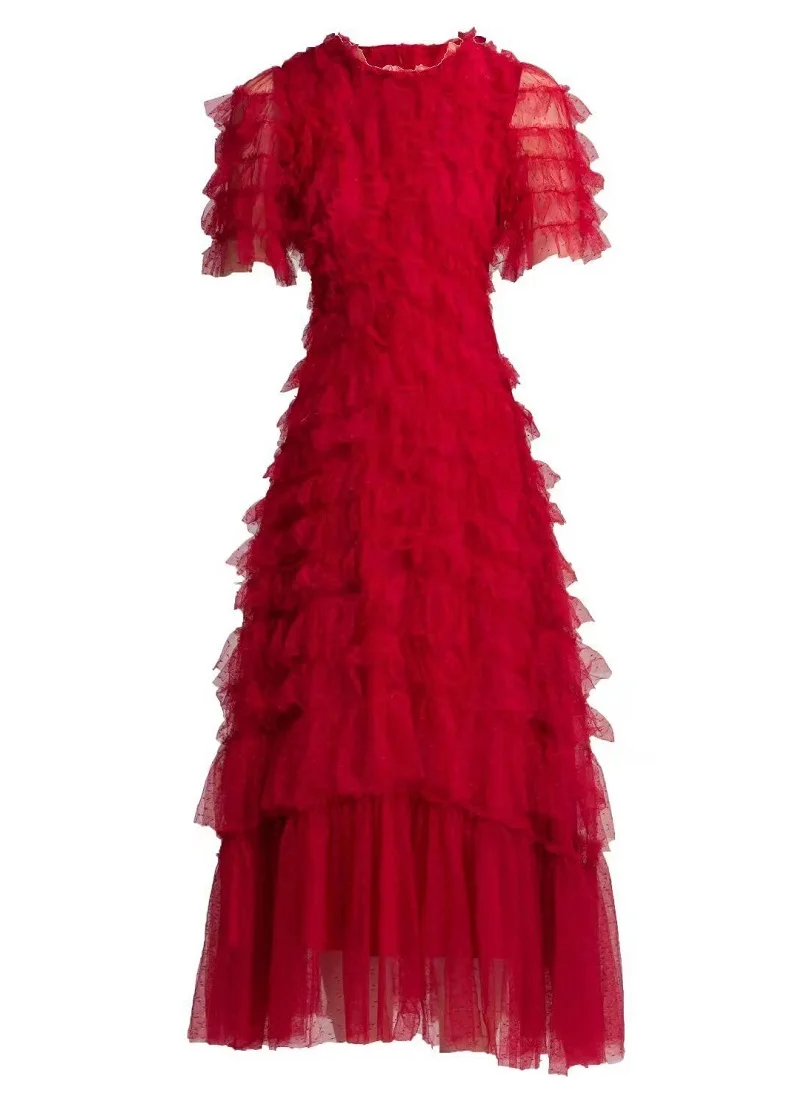 

Женское длинное вечернее платье, кружевное платье из фатина с каскадными оборками и коротким рукавом, лето 2022