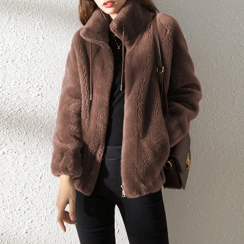 

Women's Fleece Coat Soft Warm Long Sleeve Stand Collar Zipper Cardigan Outerwear Thickened Double Sided Velvet Solid Women Tops