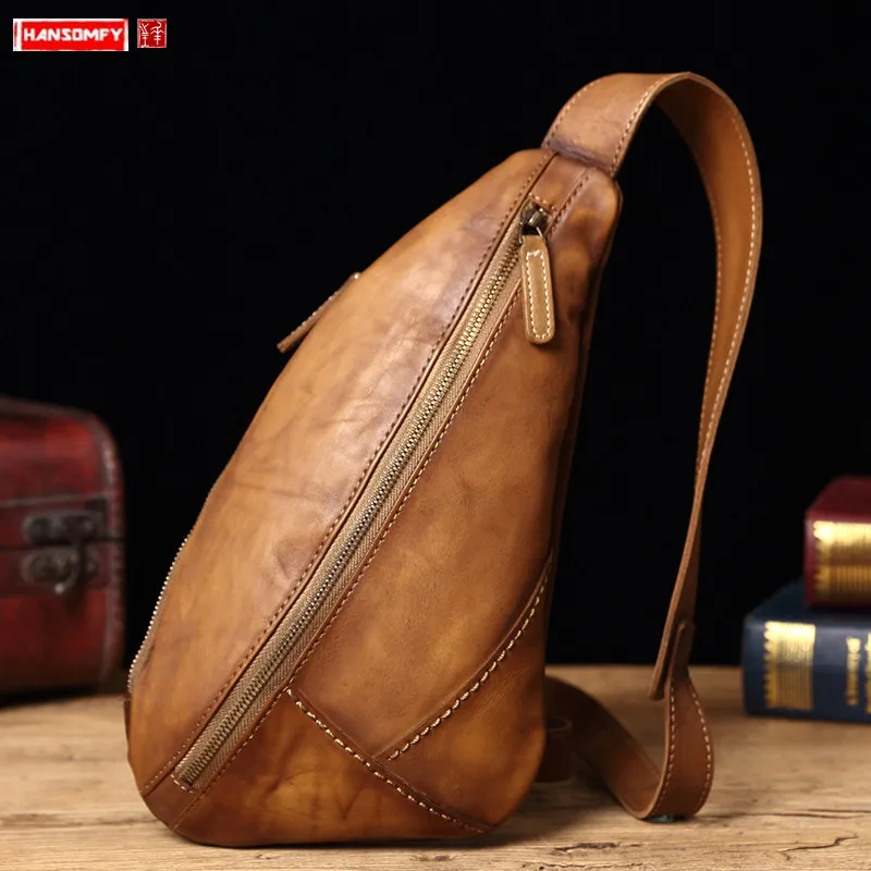Vintage Leather Men's Bag Leather Chest Bag Casual Messenger Bag Retro Shoulder Bag Fashion 2022 New Small Bag Soft Men
