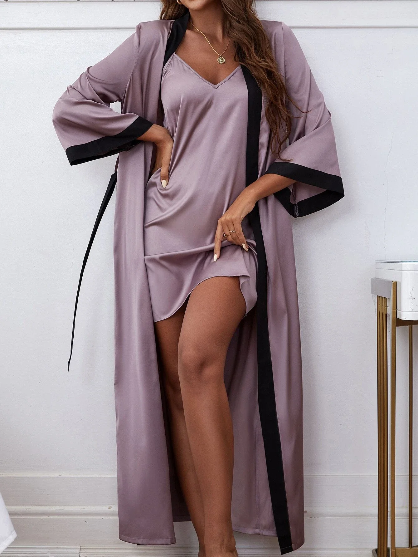 

Satin Cami Night Dress With Colorblock Belted Robe