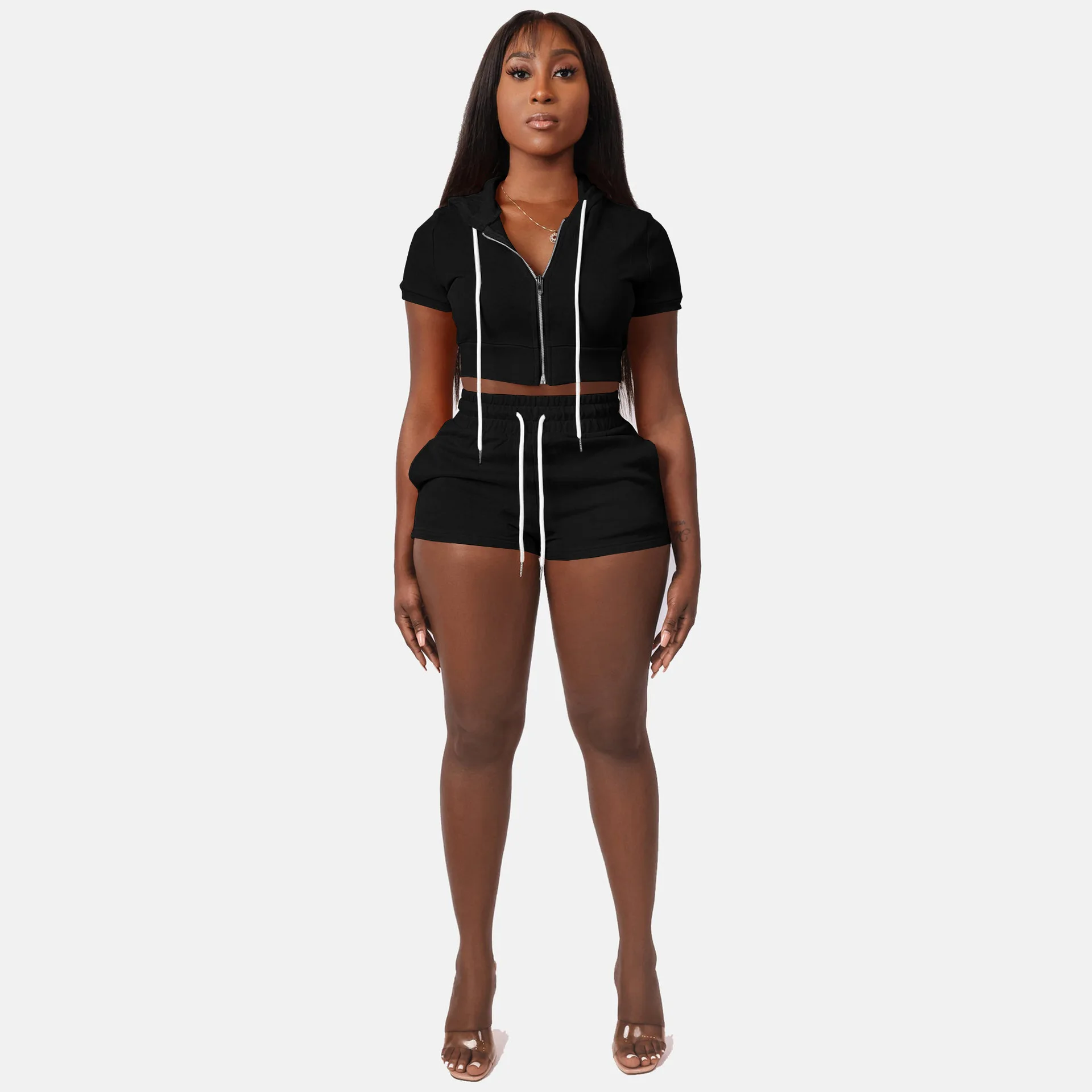 Women's Summer Hoodie Jogging 2 Piece Set Plain Zipper Short Sleeve Casual Short And Top Set Women'S Clothing Short Sets