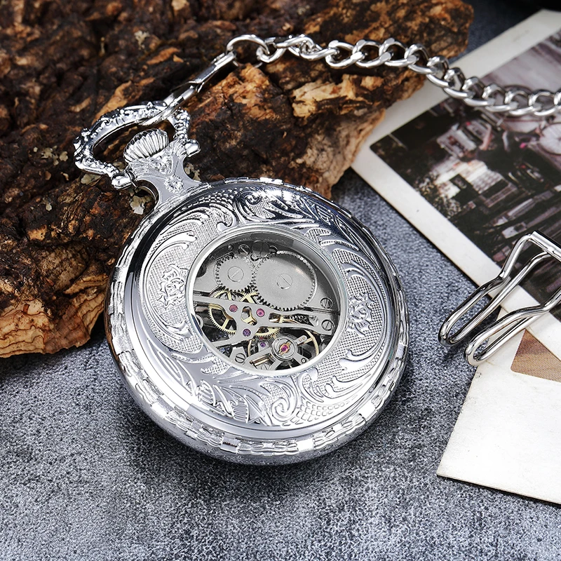 Vintage Golden Skeleton Steampunk Mechanical Pocket Watches Roman Numerals Hand-Wind with Chain Men Women Clock Fashion Gift New