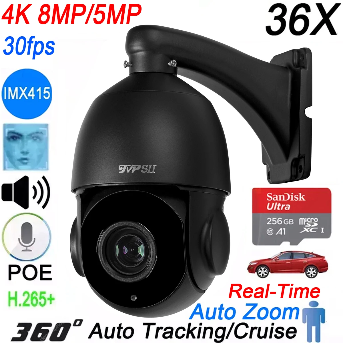 

Max.256G Auto Tracking 30fps 8MP IMX415 H.265+ 36X Zoom 360° Rotation Audio Outdoor ONVIF POE PTZ Speed Dome Surveillance Camera