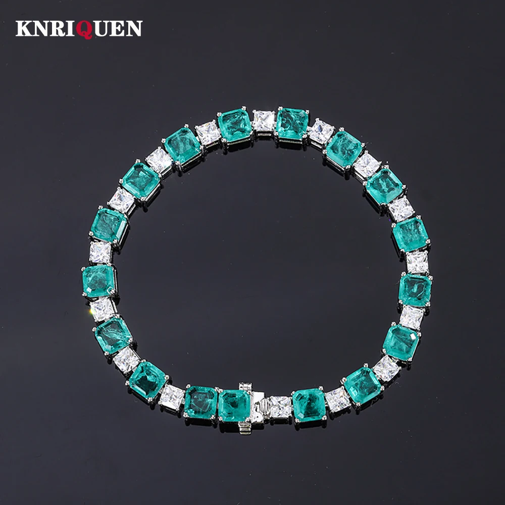 2022 Trend Luxury 100% 925 Silver 6*6mm Ruby Green Tourmaline Lab Diamond Chain Bracelet Women's Charms Party Fine Jewelry 17cm